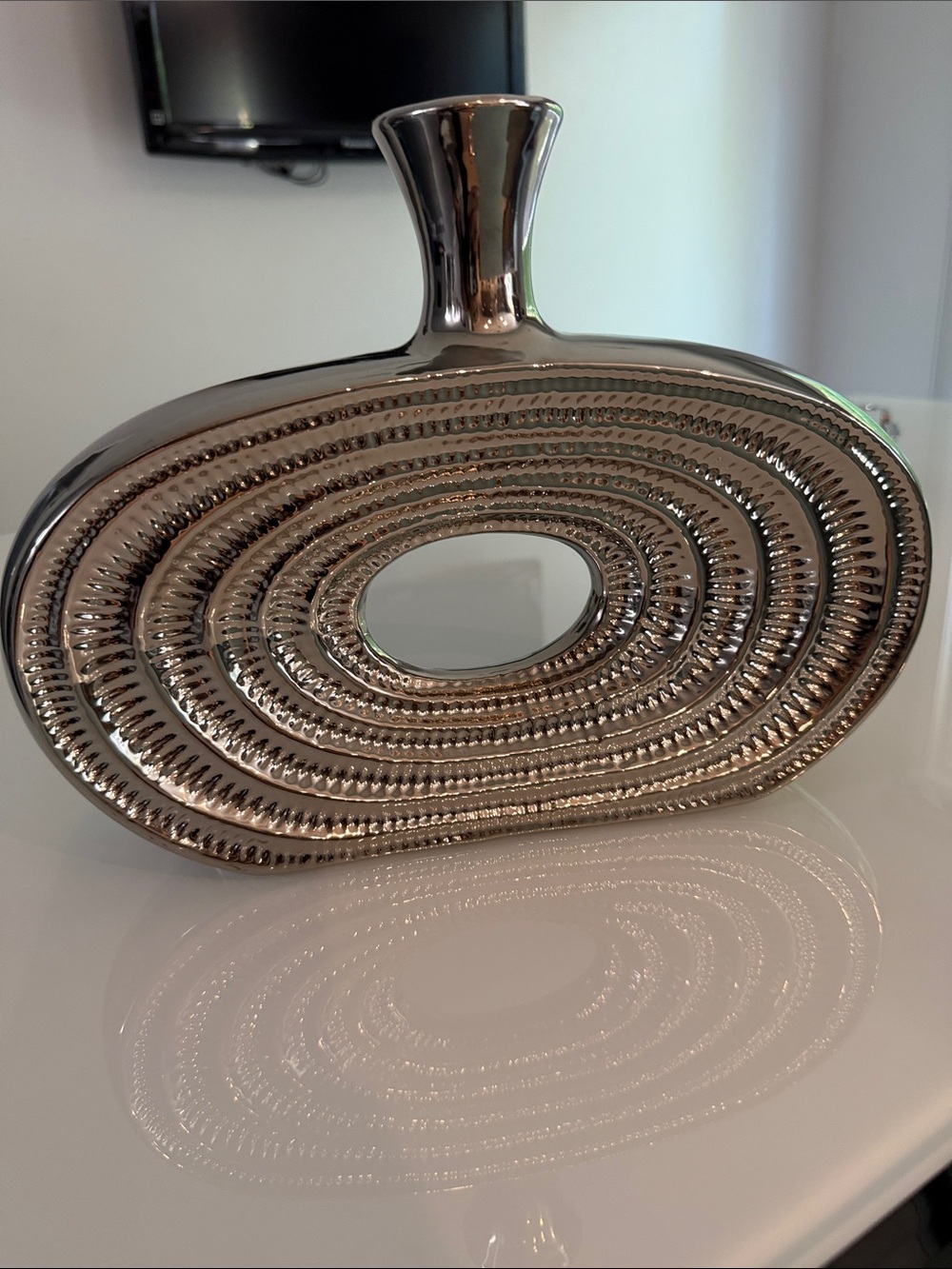 Sleek Oval Metallic Decorative Vase - Silver Tone